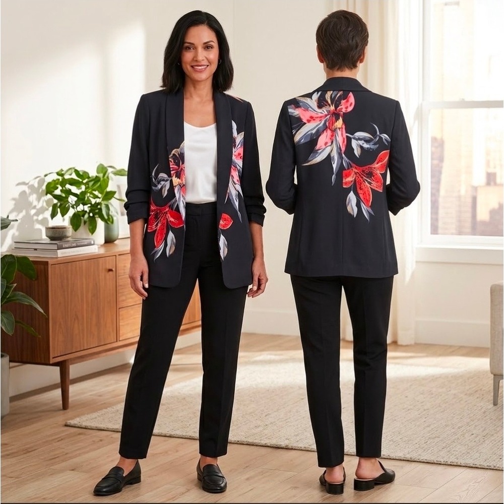 Chicos Floral Open Front Blazer Blue Red Ruched 3/4 Sleeve Size 0.5 Womens 6